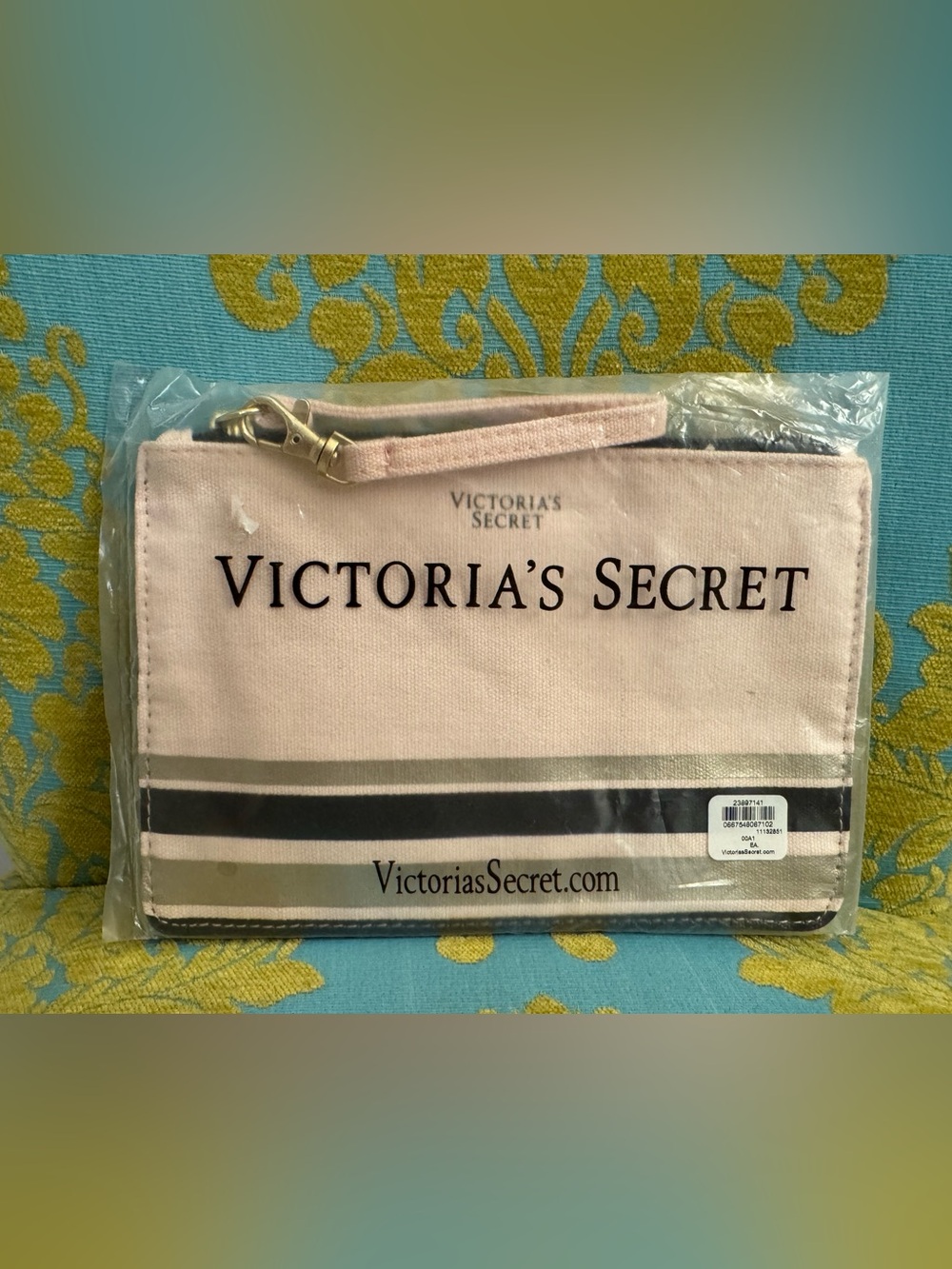 NWT Victoria's Secret Pale Pink Wristlet Pouch with Black & Gray Stripes 8 X 5.5